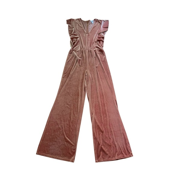 Leith Velour Jumpsuit Wide Leg V-neck Flattering Sleeves Ruffles M - Picture 5 of 9